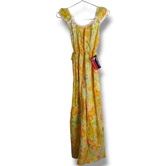 Vtg Ameritex Womens Nightgown Sz Small Maxi Yellow Print Elastic Waist Neck - Picture 2 of 10